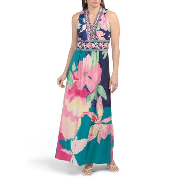 LONDON TIMES Navy/pink V-neck Sleeveless Maxi Dress - Picture 1 of 2